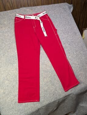 Dickies Girl Carpenter Pants Red Contrast Stitch Utility Workwear Size 9/29 Belt